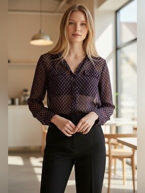 Equipment Femme Black and Pink 100% Printed Silk Button-Down Shirt